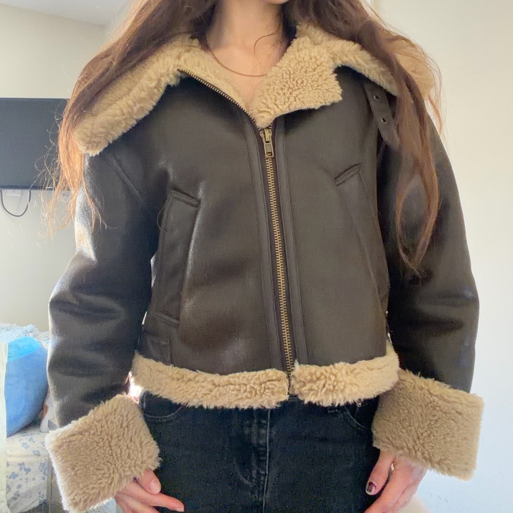 Zara Brown Leather Aviator Jacket with Cream Shearling Trim